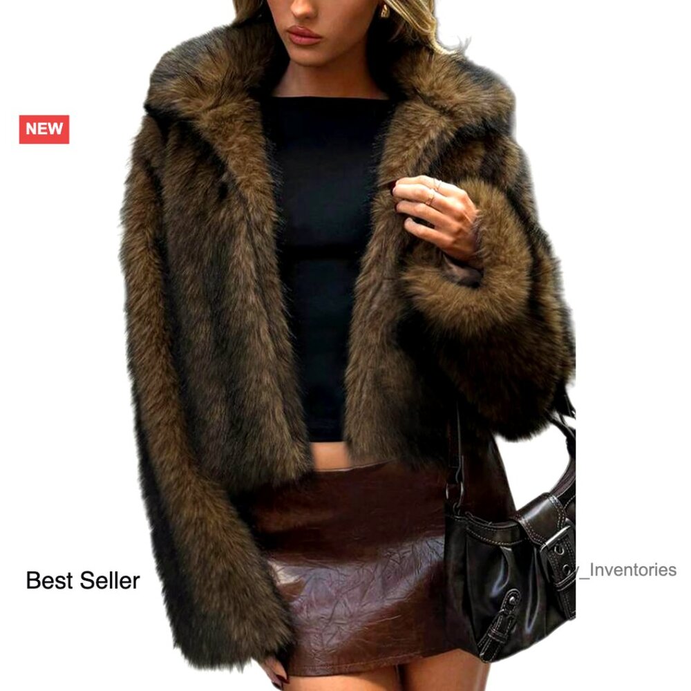 Faux Fur Coat Fluffy Winter Jacket Lapel Collar Hooks Pockets Chic Elegant